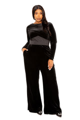 Buxom Couture Curvy Women Plus Size Velvet Jumpsuit with Satin Waist Accent Black