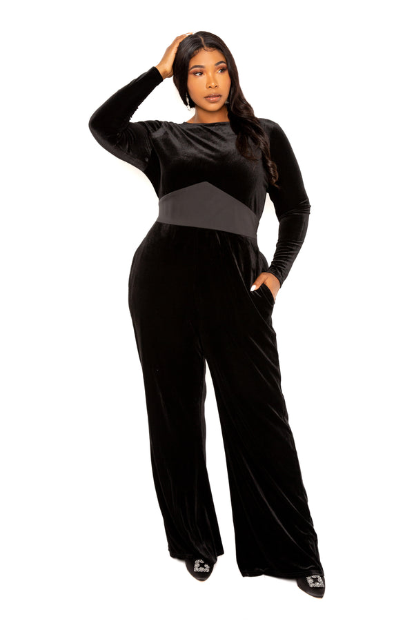 Buxom Couture Curvy Women Plus Size Velvet Jumpsuit with Satin Waist Accent Black