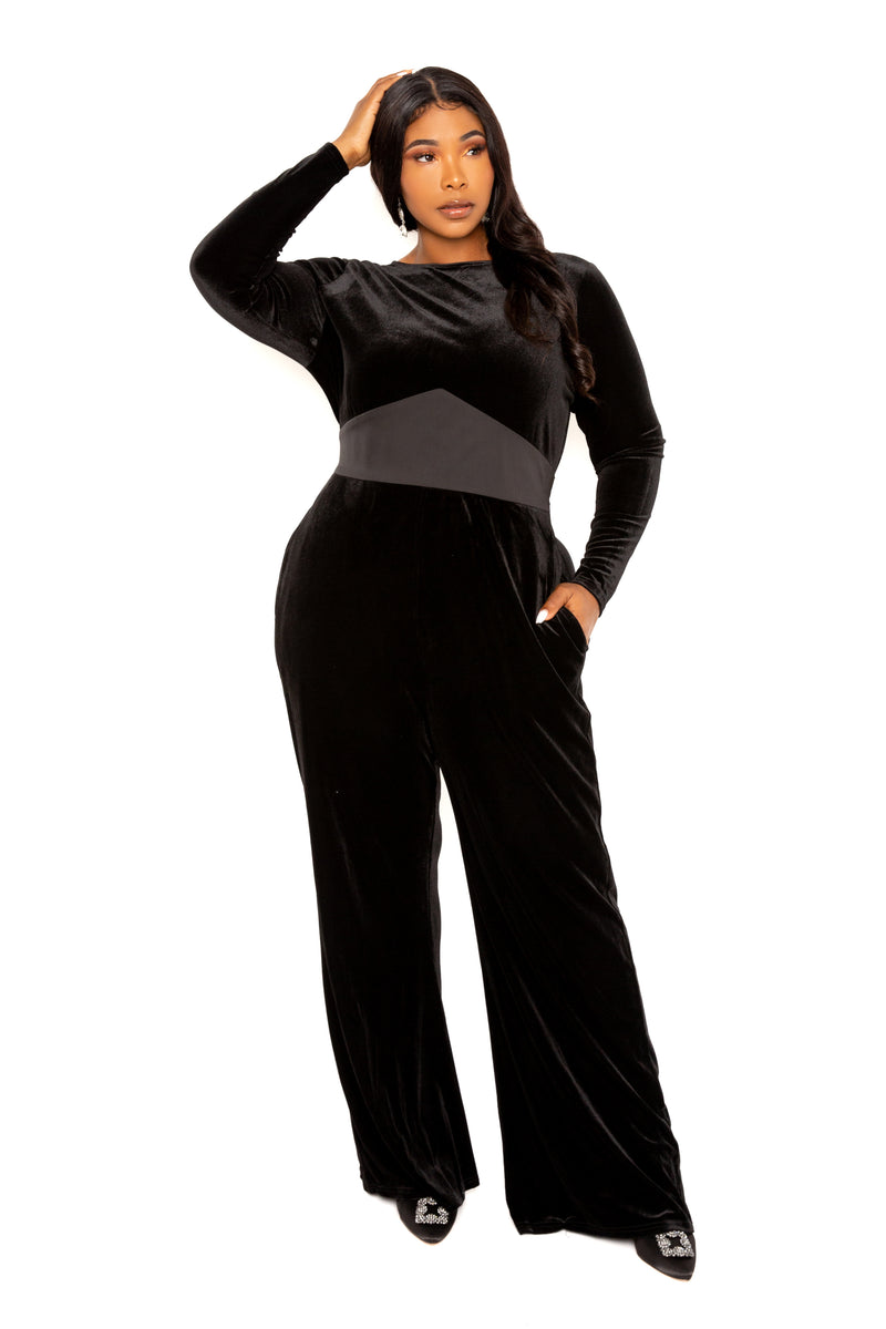 Velvet Jumpsuit with Satin Waist Accent – Buxom Couture