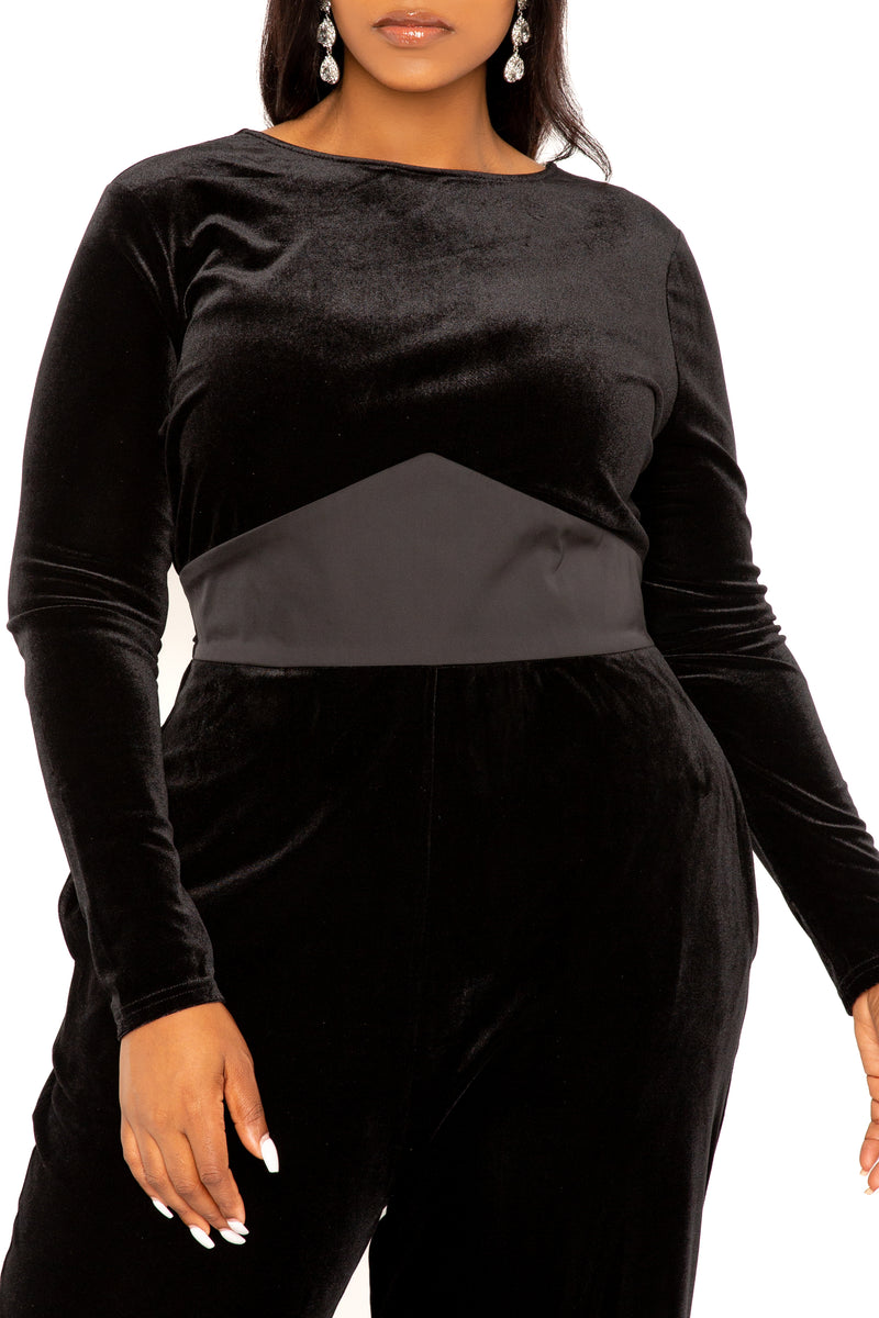 Buxom Couture Curvy Women Plus Size Velvet Jumpsuit with Satin Waist Accent Black