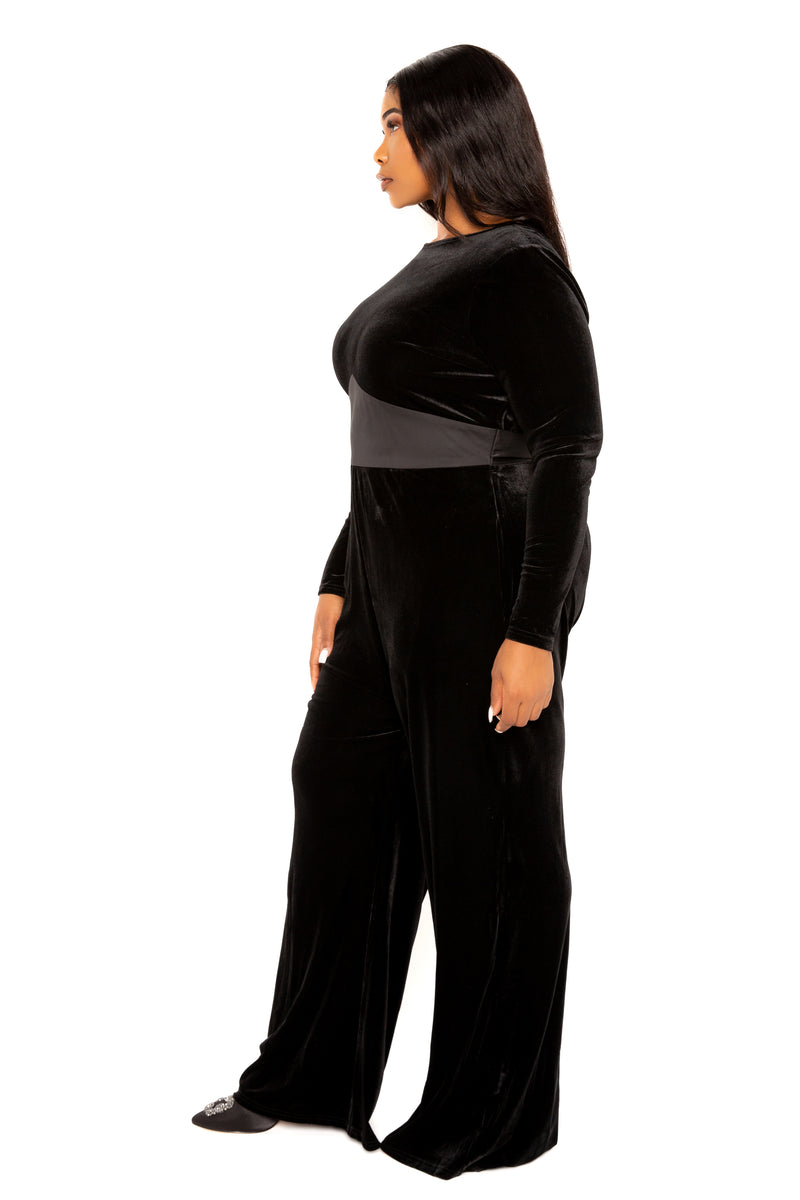 Buxom Couture Curvy Women Plus Size Velvet Jumpsuit with Satin Waist Accent Black