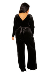 Buxom Couture Curvy Women Plus Size Velvet Jumpsuit with Satin Waist Accent Black