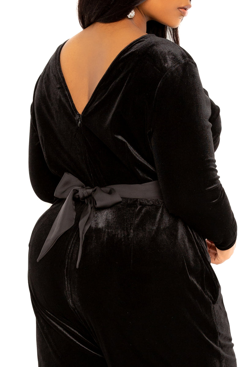 Buxom Couture Curvy Women Plus Size Velvet Jumpsuit with Satin Waist Accent Black