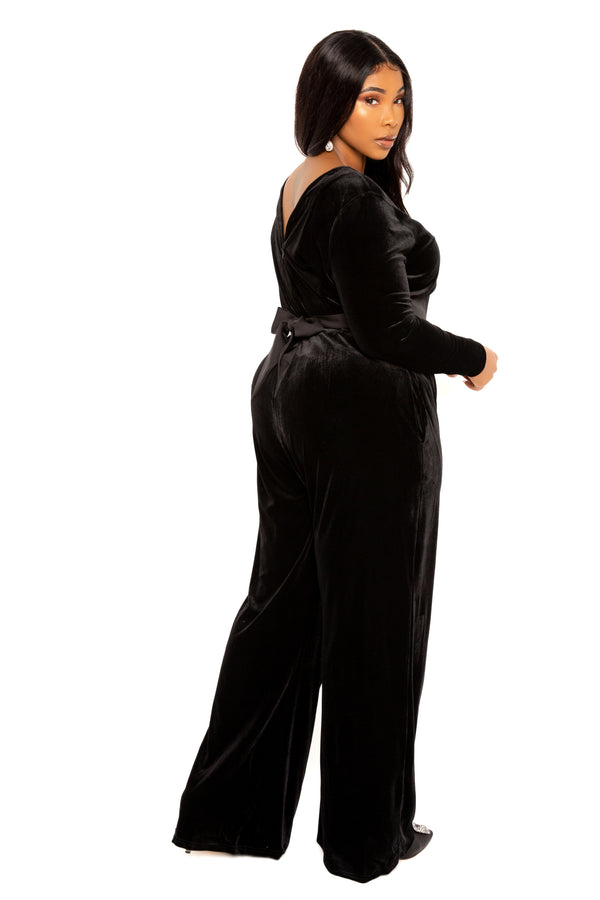 Buxom Couture Curvy Women Plus Size Velvet Jumpsuit with Satin Waist Accent Black