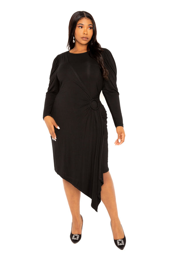 Buxom Couture Curvy Women Plus Size Asymmetrical Dress with Shirring Detail Black