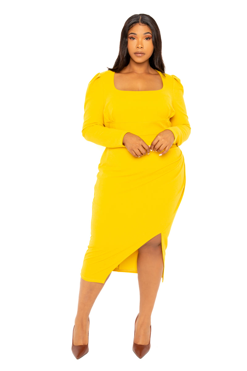 Buxom Couture Curvy Women Plus Size Square Neck Bodycon Dress with Slit Mustard Yellow