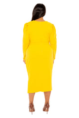 Buxom Couture Curvy Women Plus Size Square Neck Bodycon Dress with Slit Mustard Yellow