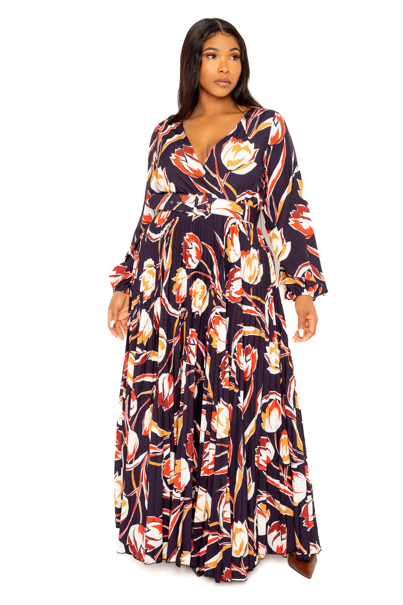 Buxom Couture Curvy Women Plus Size Floral Pleated Maxi Dress with Belt Navy 