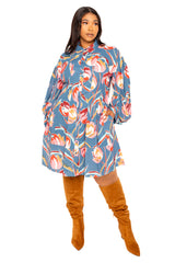 Buxom Couture Curvy Women Plus Size Floral Balloon Sleeve Shirt Dress Teal