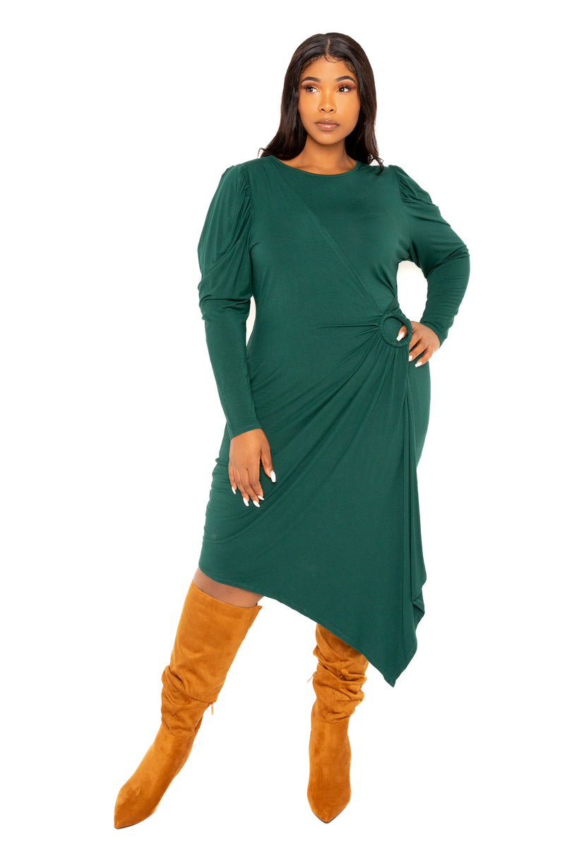 Buxom Couture Curvy Women Plus Size Asymmetrical Dress with Shirring Detail Forest Green