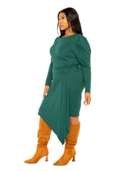 Buxom Couture Curvy Women Plus Size Asymmetrical Dress with Shirring Detail Forest Green