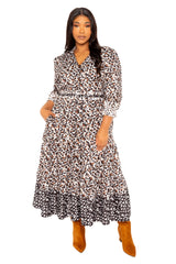 Buxom Couture Curvy Women Plus Size Contrast Animal Print Shirt Dress Leopard Brown Taupe Beige