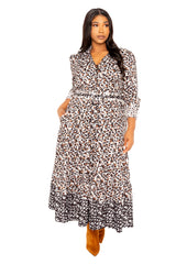 Buxom Couture Curvy Women Plus Size Contrast Animal Print Shirt Dress Leopard Brown Taupe Beige
