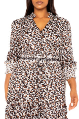 Buxom Couture Curvy Women Plus Size Contrast Animal Print Shirt Dress Leopard Brown Taupe Beige