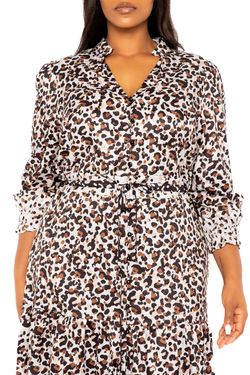 Buxom Couture Curvy Women Plus Size Contrast Animal Print Shirt Dress Leopard Brown Taupe Beige