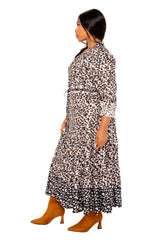 Buxom Couture Curvy Women Plus Size Contrast Animal Print Shirt Dress Leopard Brown Taupe Beige
