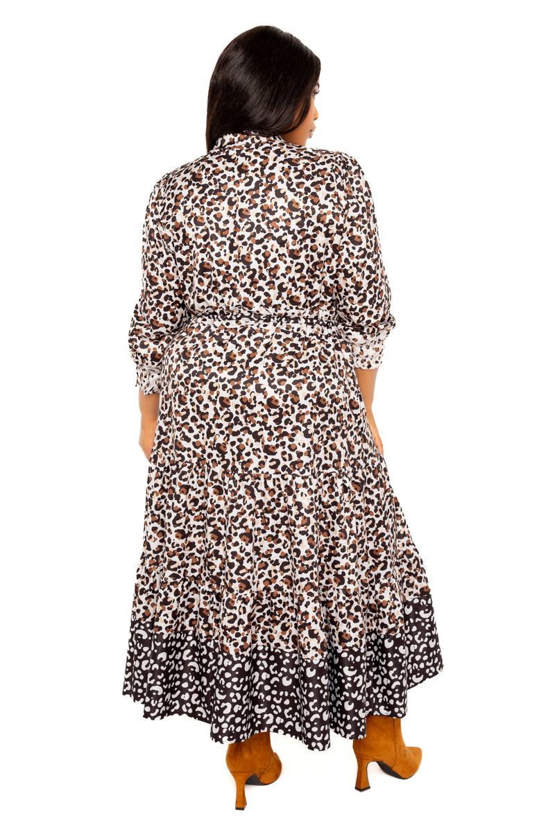 Buxom Couture Curvy Women Plus Size Contrast Animal Print Shirt Dress Leopard Brown Taupe Beige