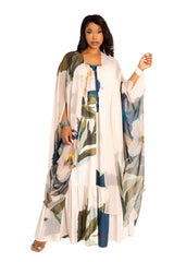 Buxom Couture Curvy Women Plus Size Floral Robe with Wrist Band Biege Multi