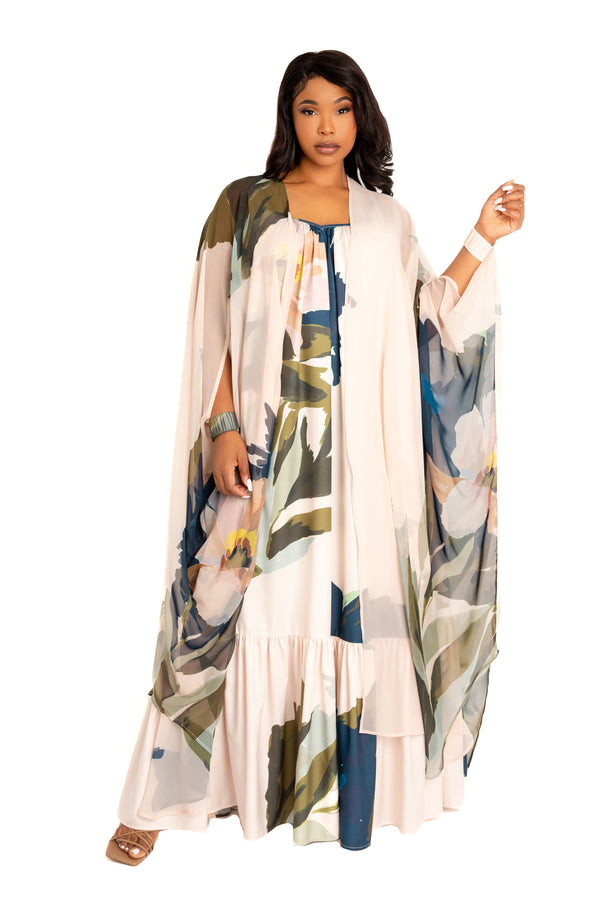 Buxom Couture Curvy Women Plus Size Floral Robe with Wrist Band Biege Multi