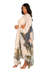 Buxom Couture Curvy Women Plus Size Floral Robe with Wrist Band Biege Multi