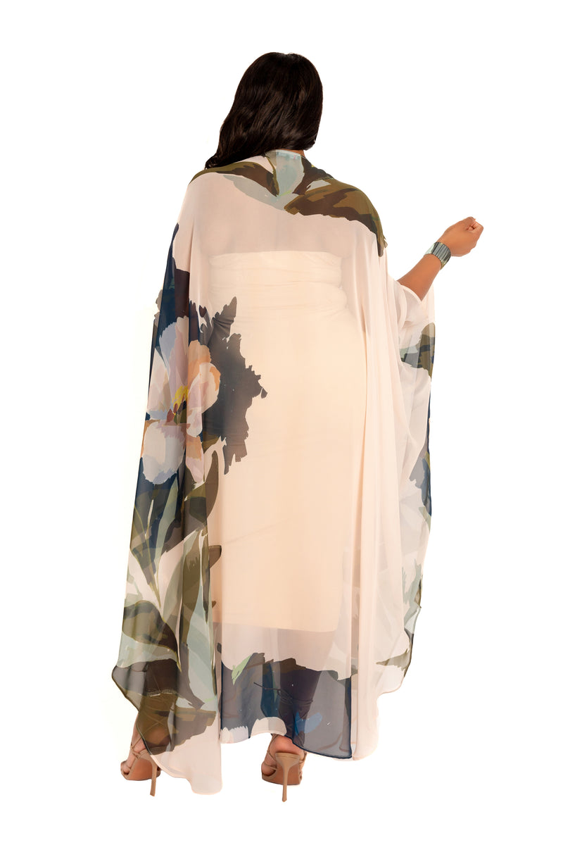 Buxom Couture Curvy Women Plus Size Floral Robe with Wrist Band Biege Multi