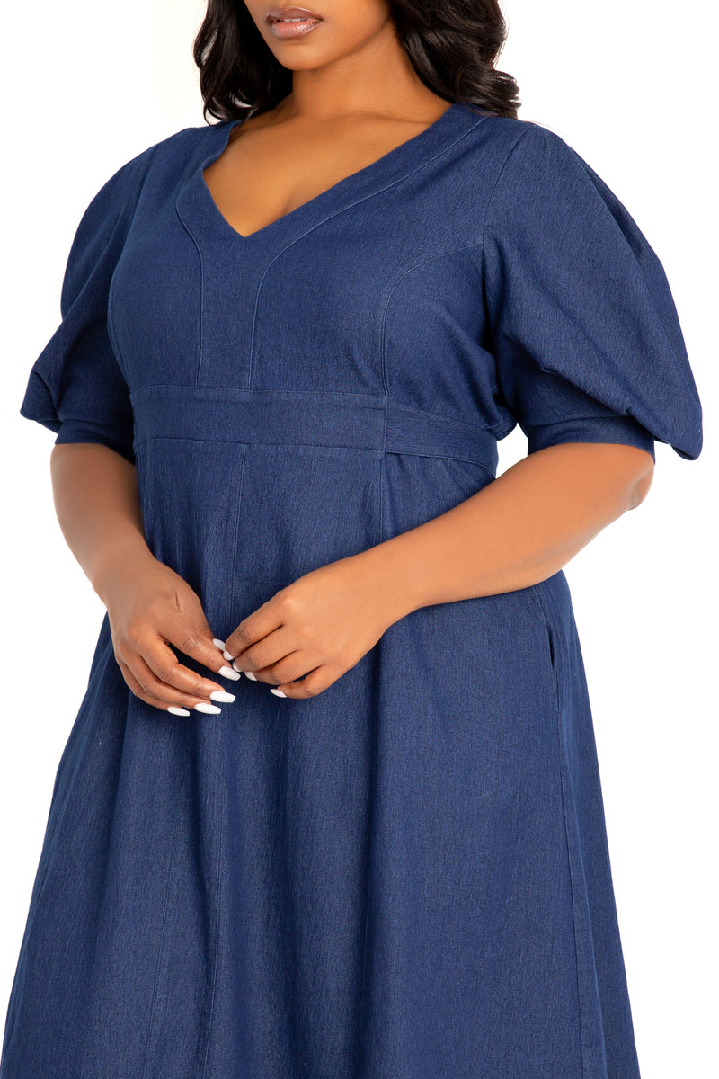 blue denim dress plus size V- Neck Puff Sleeve Denim Dress – Buxom Couture