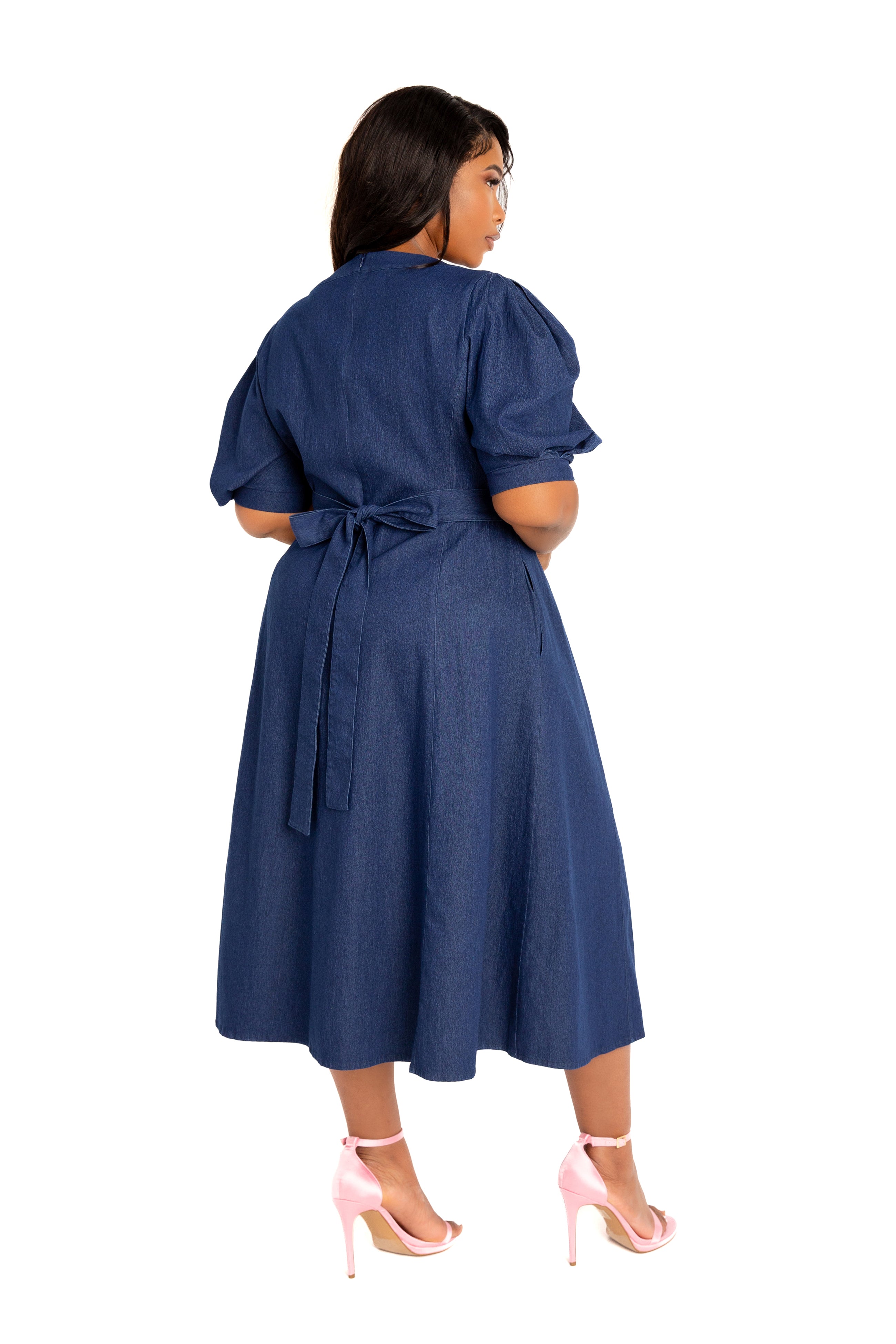 V- Neck Puff Sleeve Denim Dress – Buxom Couture