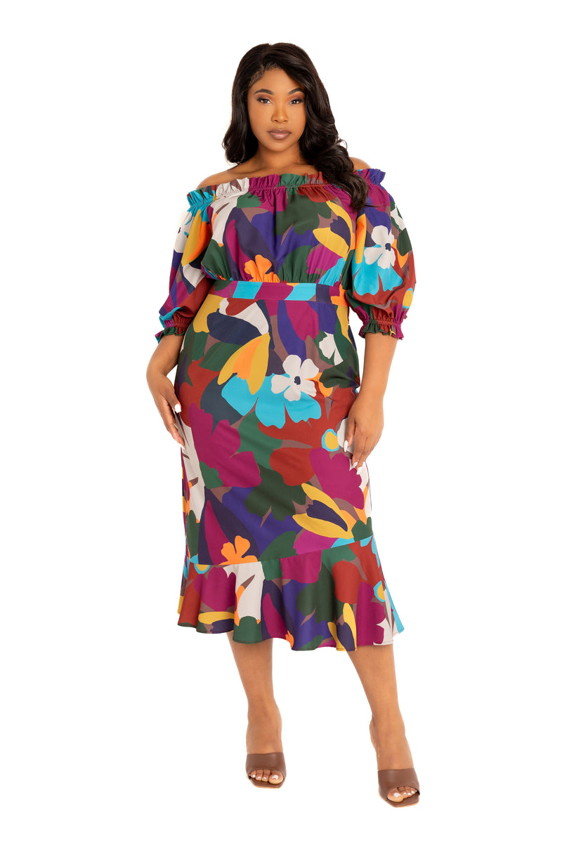 plus size floral off the shoulder maxi dress Aiza Floral Otis Off the Shoulder Maxi Dress Curve CHERRY-PINK / 2X by Sugarlips