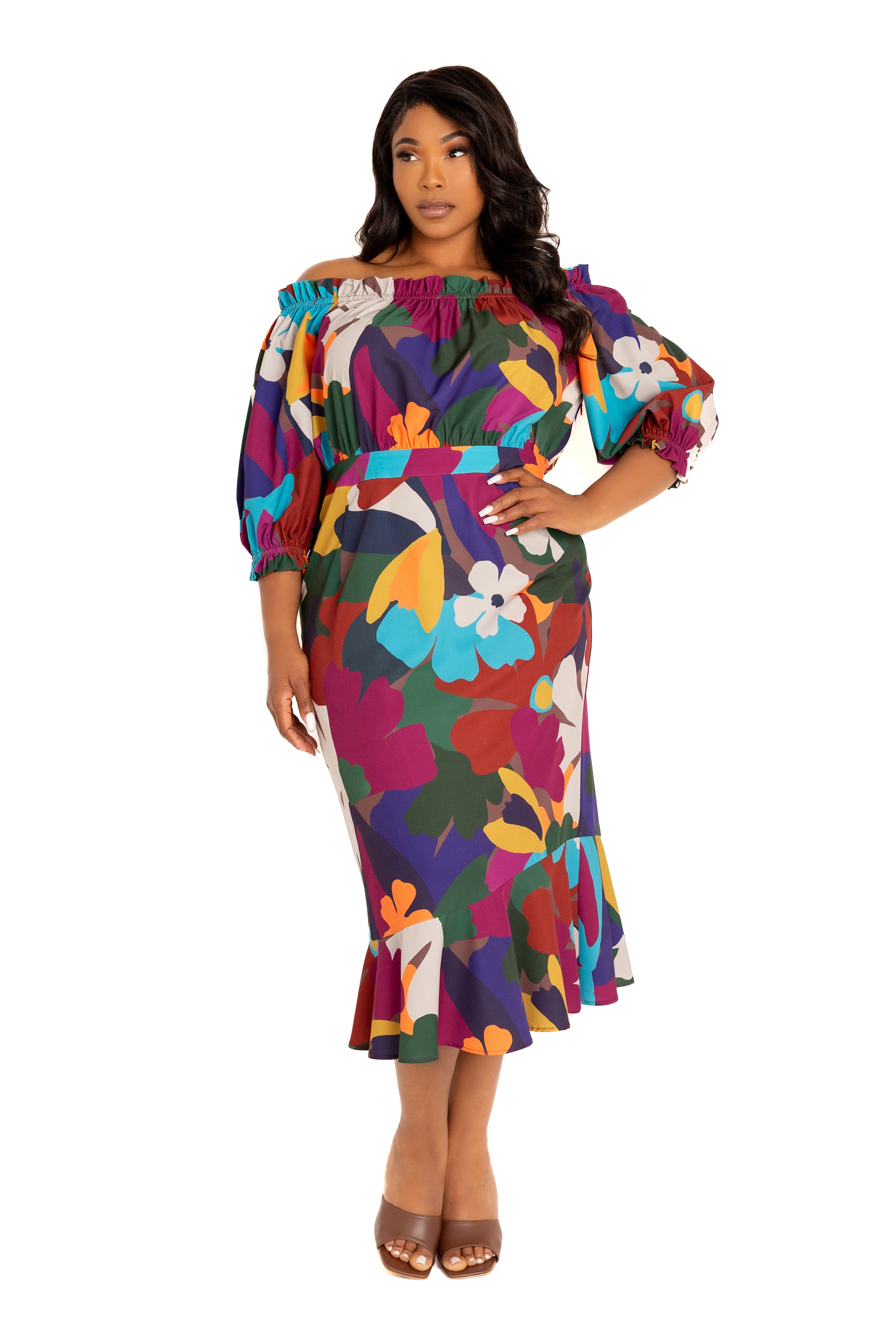 floral off the shoulder dress plus size with Ruffle Hem 2X Hotness Alert - How style with 3D embroidered Options:Mother Dress Natural Materials