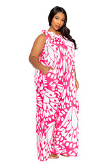 buxom couture curvy women plus size butterfly print one shoulder tie jumpsuit hot pink