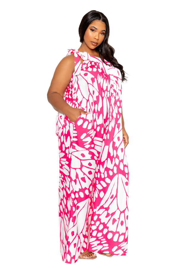 buxom couture curvy women plus size butterfly print one shoulder tie jumpsuit hot pink