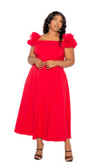 buxom couture curvy women plus size off shoulder tulle sleeve dress red