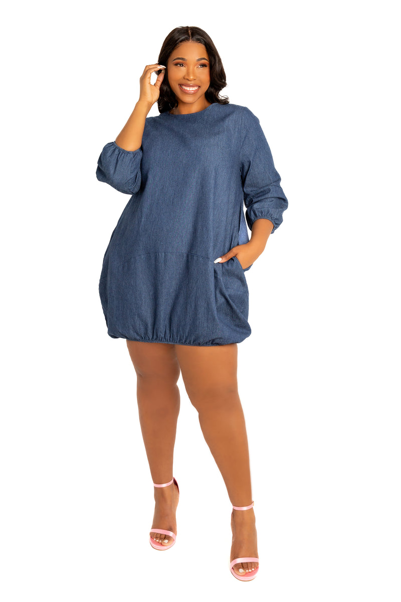 Buxom Couture Curvy Women Plus Size Bubbled Denim Mini Dress Denim Blue
