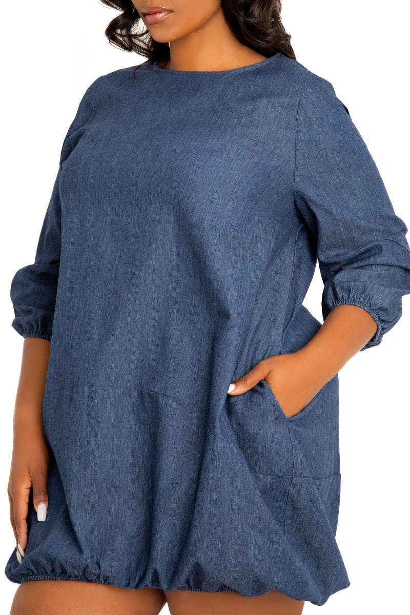Buxom Couture Curvy Women Plus Size Bubbled Denim Mini Dress Denim Blue