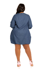 Buxom Couture Curvy Women Plus Size Bubbled Denim Mini Dress Denim Blue