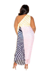 Multi Stripe One Shoulder Dress with Cutout Waist Detail