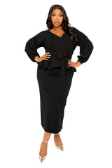 Buxom Couture Curvy Women Plus Size Off Shoulder Peplum Midi Dress Black