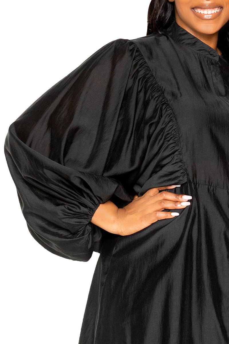 Buxom Couture Curvy Women Plus Size Silky Voluminous Shirt Dress Black