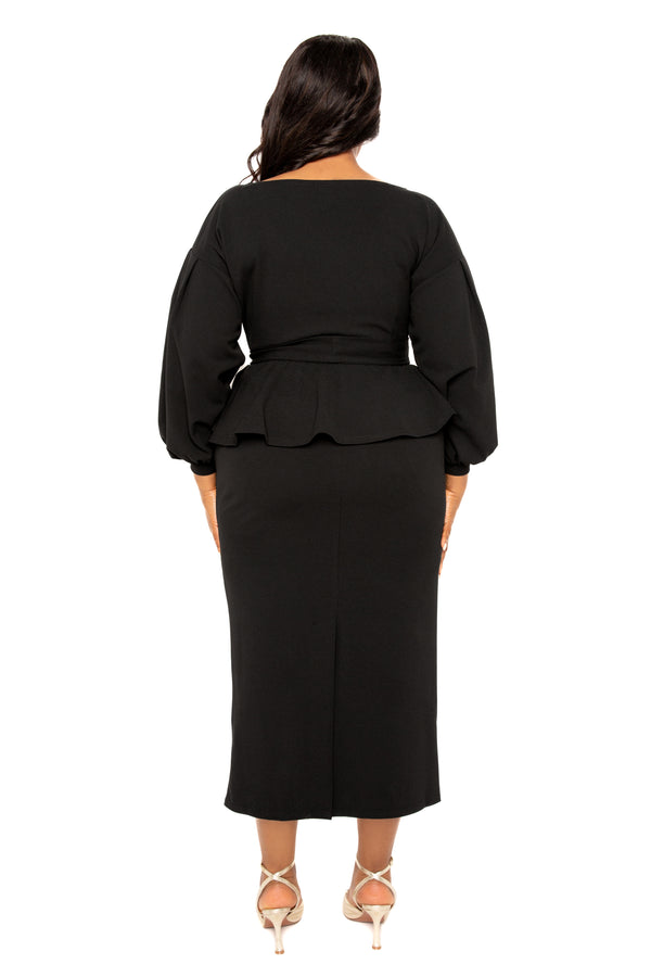 Buxom Couture Curvy Women Plus Size Off Shoulder Peplum Midi Dress Black