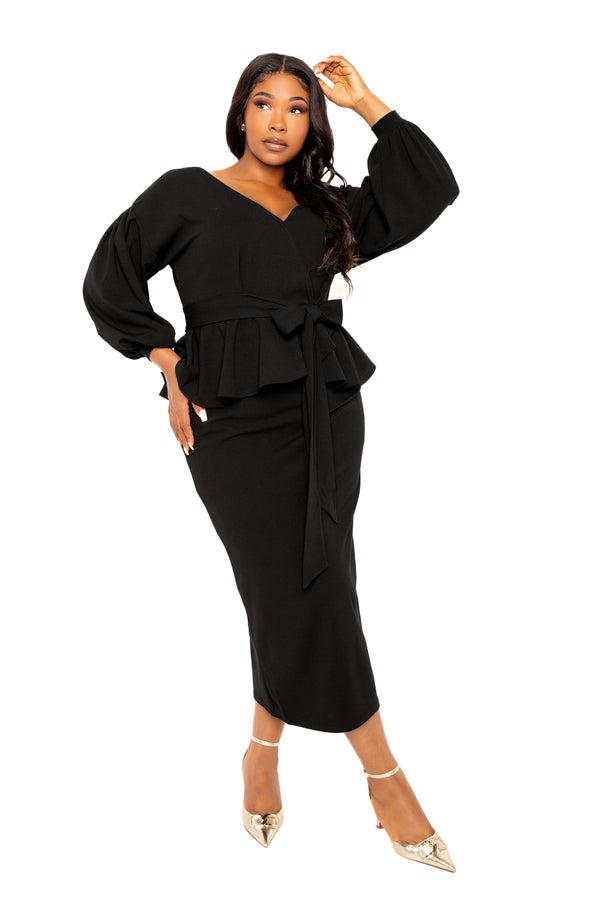 Buxom Couture Curvy Women Plus Size Off Shoulder Peplum Midi Dress Black