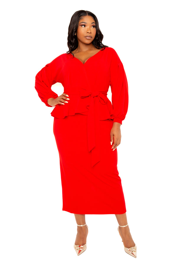 Buxom Couture Curvy Women Plus Size Off Shoulder Peplum Midi Dress Red