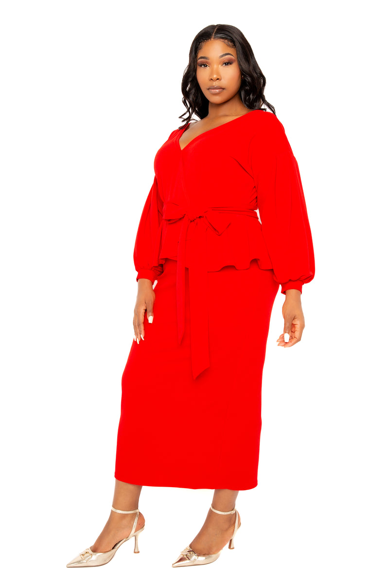 Buxom Couture Curvy Women Plus Size Off Shoulder Peplum Midi Dress Red