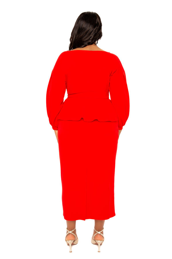 Buxom Couture Curvy Women Plus Size Off Shoulder Peplum Midi Dress Red