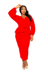 Buxom Couture Curvy Women Plus Size Off Shoulder Peplum Midi Dress Red