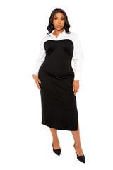 Buxom Couture Curvy Women Plus Size Contrast Shirt Dress Black and White
