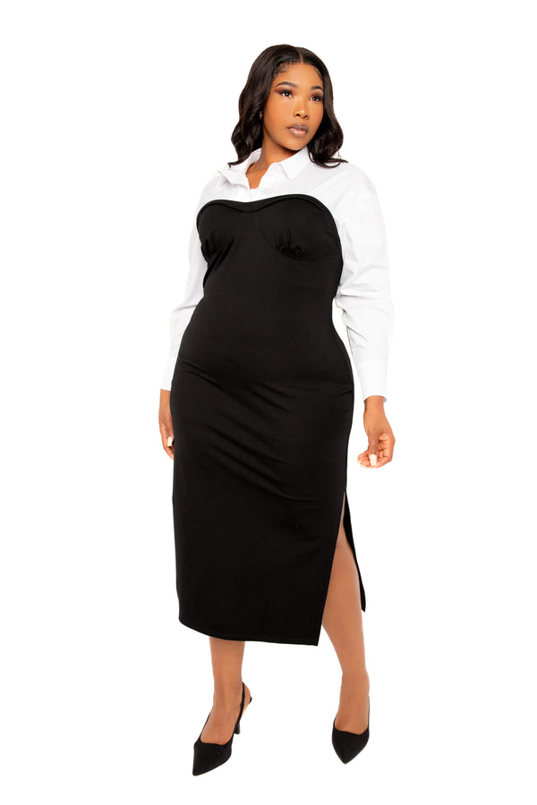 Buxom Couture Curvy Women Plus Size Contrast Shirt Dress Black and White