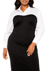 Buxom Couture Curvy Women Plus Size Contrast Shirt Dress Black and White