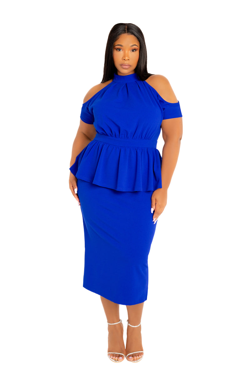 Buxom Couture Plus Size Cut-out Shoulder Peplum Midi Dress