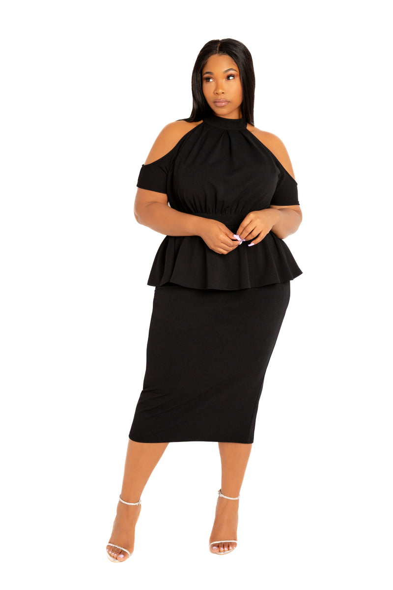 Buxom Couture Plus Size Cut-Out Shoulder Peplum Midi Dress - Black Buxom Couture Plus Size Cut-Out Shoulder Peplum Midi Dress - Black