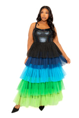Buxom Couture Curvy Women Plus Size Colorful Tiered Tulle Dress Blue Multi